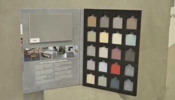 STANDARDFARGER: Dette er de 20 standardfargene i Betoncire i flytende form. De kan leveres i medium eller fin. (Foto: Synnøve Prytz Berset) STANDARDFARGER: Dette er de 20 standardfargene i Betoncire i flytende form. De kan leveres i medium eller fin. (Foto: Synnøve Prytz Berset)