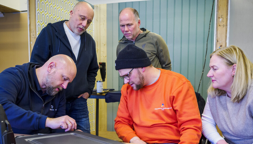 FORMIDLER FERDIGHETER: Morten Jensen fra folieringsfirmaet DataDekor viser hvordan det skal gjøres, mens Jørn Danielsen (bak til venstre) fra Oslo voksenopplæring, lærer Svein Åsland (bak til høyre) fra Tangen videregående skole i Kristiansand, Christoffer Dalen fra Malermestrenes Opplæringskontor Oslo og lærer Rita Hasanova fra Stovner videregående skole følger nøye med.