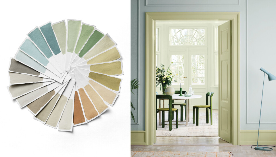 SUBTILT: 30 farger fordlet på seks fargefamilier utgjør Nuances-fargekartet for 2025 fra Jotun Lady. Interiør og fargekart. Collage.