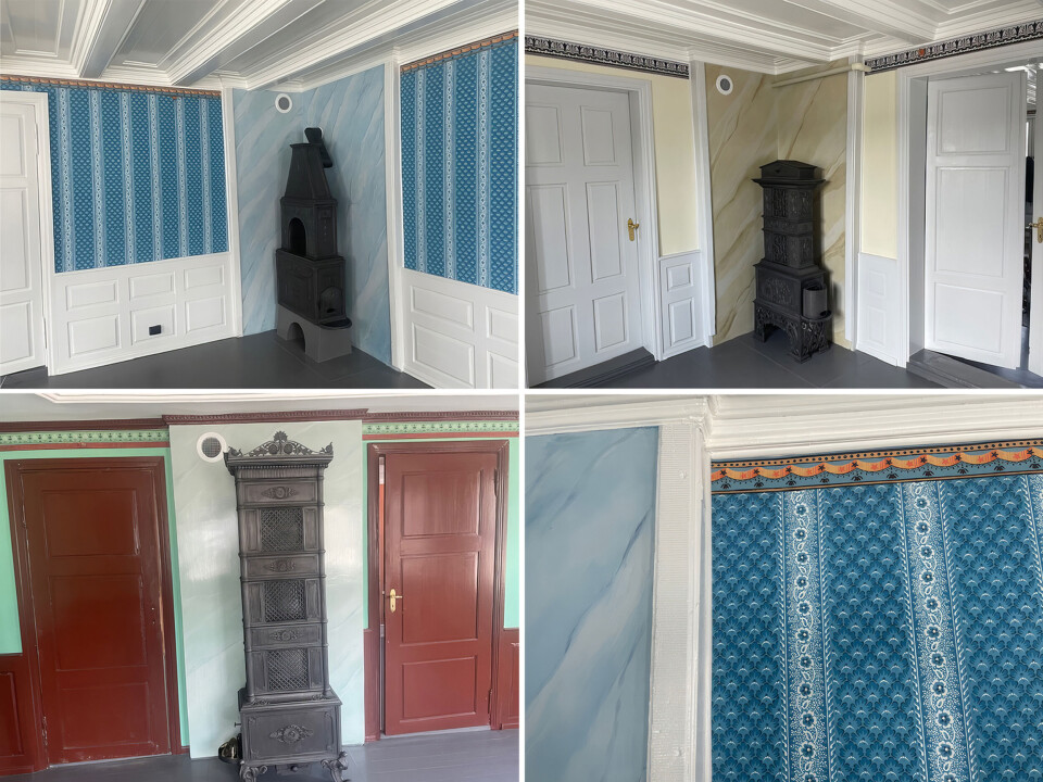 TILBAKEFØRT: Malermestrene Juuhl & Bratfoss har sørget for at interiøret i Foyngården er tilbake der det var i all sin prakt i 1780. Collage av interiørbilder