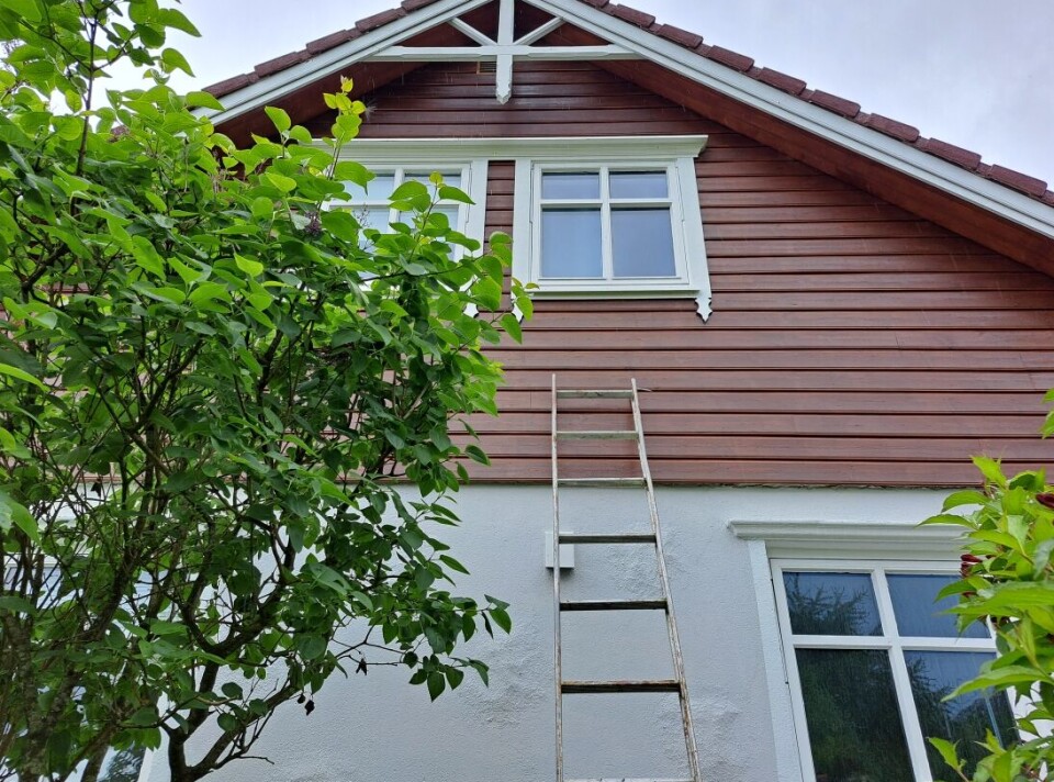TRYGT?: Fallulykker fra stiger skjer oftest i sommerhalvåret – og ofte fra lave høyder som dette.
